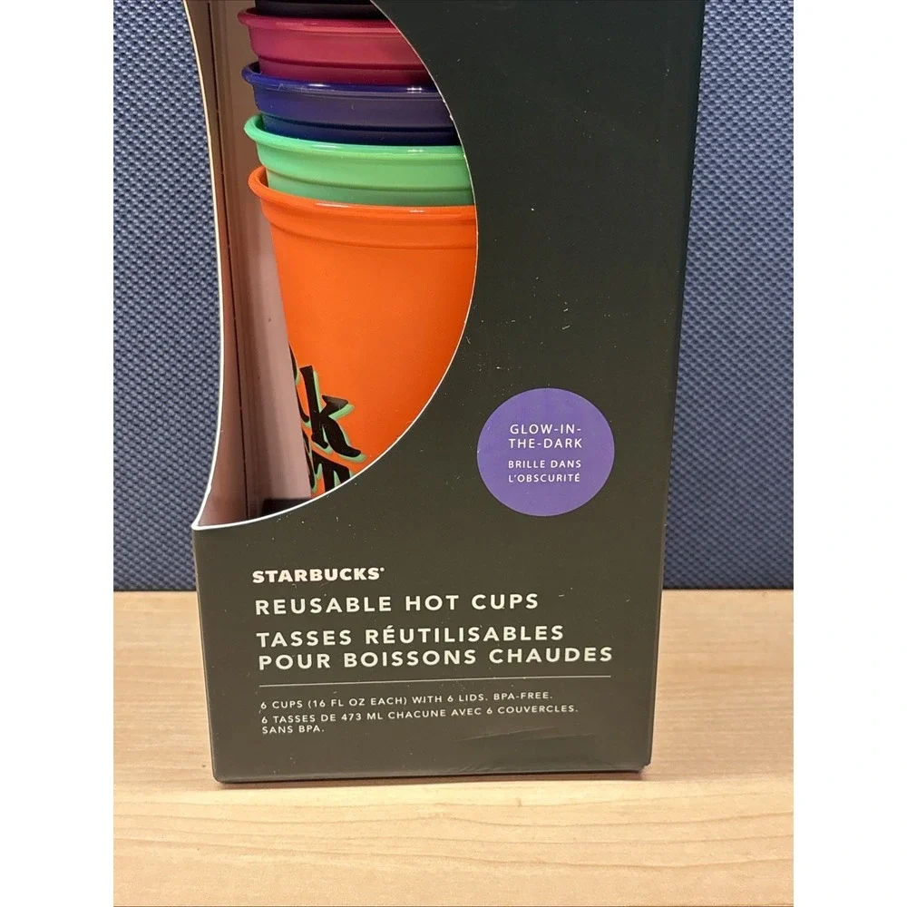 Starbucks Halloween Glow In The Dark 16oz Reusable Hot Cup & Lid 6 Set NEW 2020 - Picture 3 of 10